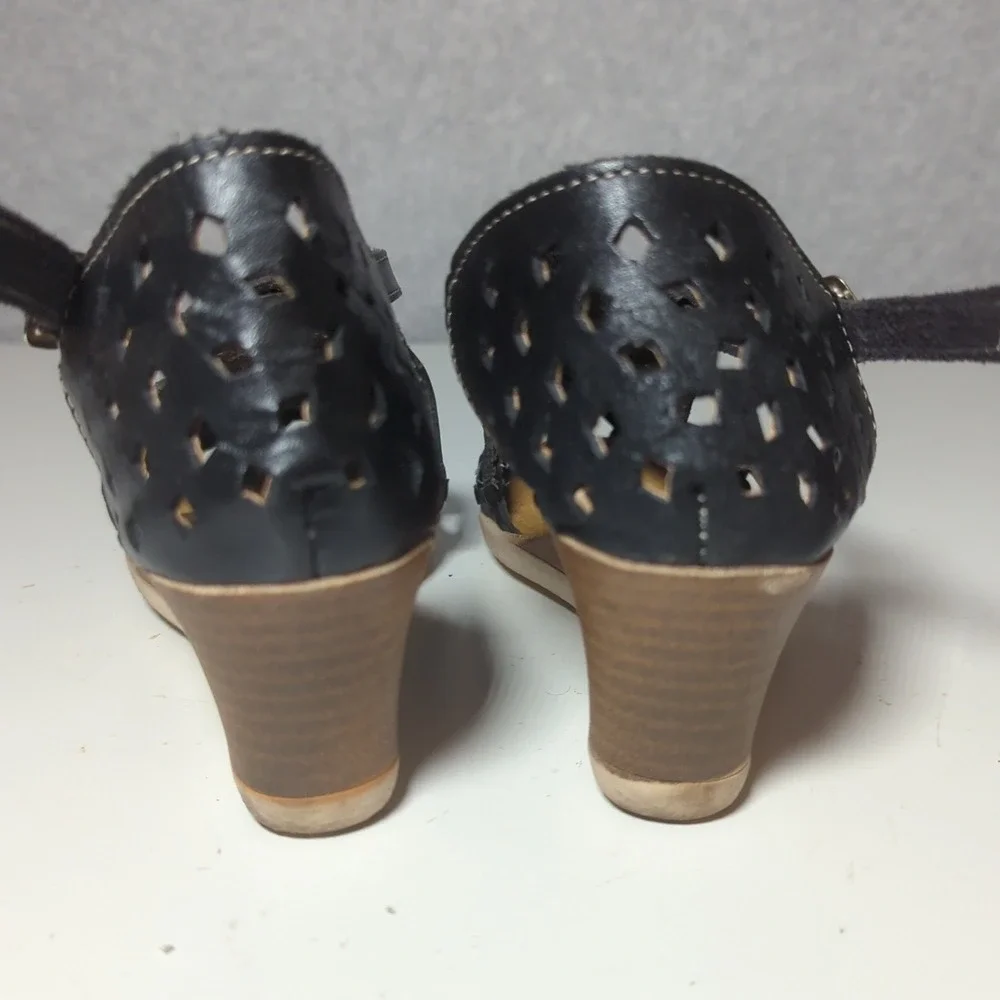 Womens Black Woven T-Strap Wedge Leather Sandals Casual Comfort Shoes Meian Sz 8